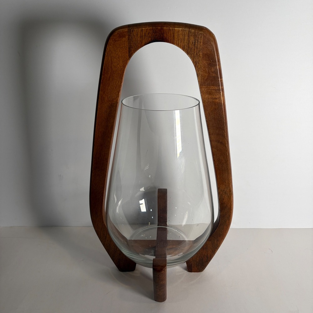 MCM Glass Hurricane Lantern Wood Arched Handle Tripod Base Decor 15"READ